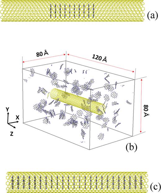 FIG. 2. (a)An initial structure of a corenene-SWCNT hybrid for CG energy minimization. (b)Simulation cell for MD simulation of encapsulation of coronene molecules into a SWCNT existing in a coronene atmosphere. The periodic boundary conditions are imposed in all the three directions. (c)An initial structure of a coronene-SWCNT hybrid for the simplified MD simulation to examine the effect of temperature.