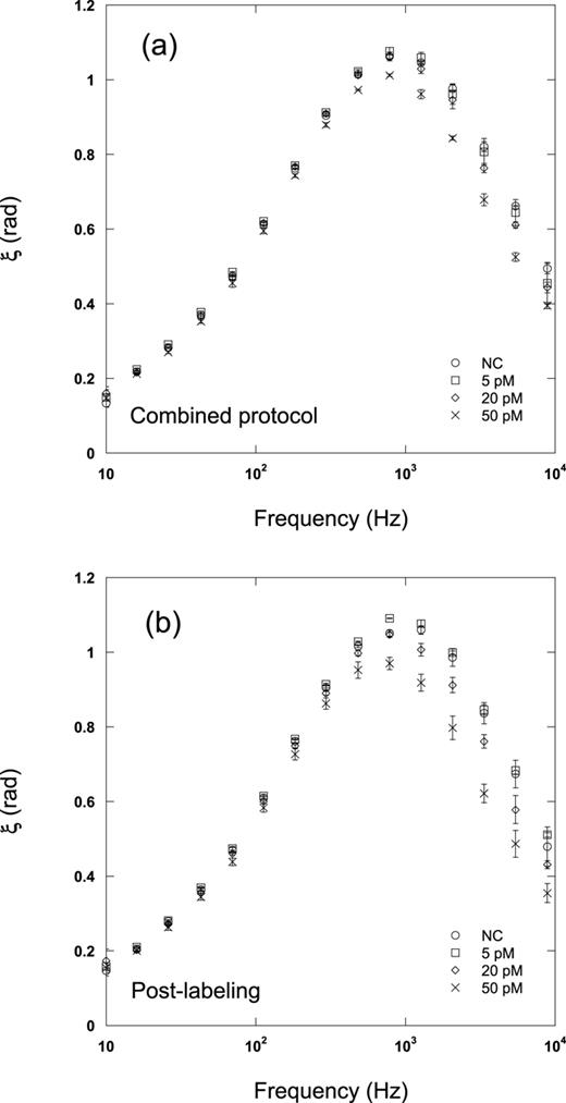 FIG. 3. Phase angle vs. frequency for different DNA coil concentrations for (a) the optimized combined protocol (RCA for 60 min at 37° C with beads present and with 100 mM of NaCl followed by a 5 min at 55°C end step) and (b) for post-labeling (RCA for 60 min at 37°C in absence of beads and with 100 mM of NaCl followed by addition of beads and a 20 min at 55°C end step). Nanobeads were conjugated with detection probe 1. Error bars represent one standard deviation based on three independent measurements. 
