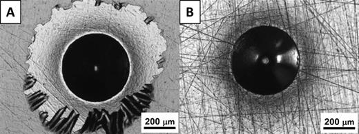 FIG. 1. (a) Rockwell C indent into W coated steel; (b) Rockwell C indent into Mo-W coated steel. 