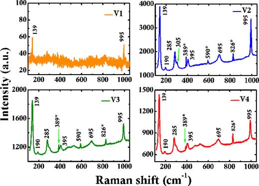 FIG. 7. Raman spectra of vanadium metal surfaces oxidized at: 200 ˚ C (V1), 300 ˚ C (V2), 500 ˚ C (V3), and 600 ˚ C (V4). 