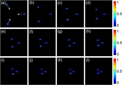 FIG. 5. The intensity patterns of multi-filamentation produced by a series of the POFs composed of three closely arranged IOFs under P = 15.3PC = 28.2 MW, with different grating period. (a)-(l) correspond to L = 40, 55, 70, 85, 100, 115, 130, 145, 160, 175, 190, and 205 pixels, respectively. Any photo had a size of 1138×1138 μm2. Three arrows in (a) show the moving directions of the filaments with the grating period.