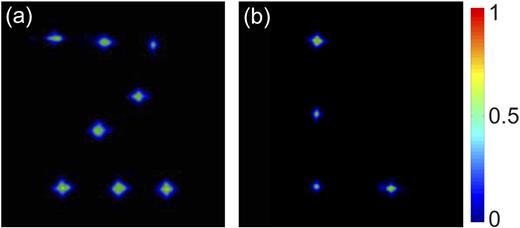 FIG. 8. The patterned filaments produced by the two special POFs. Any photo has a size of 1844×1844 μm2.