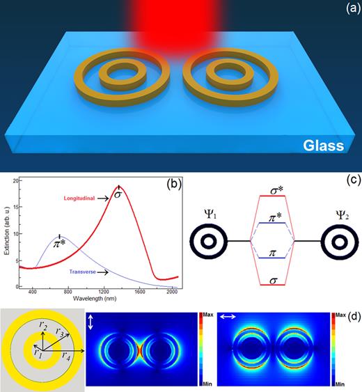FIG. 1. (a) Schematic diagram of a gold NM homodimer (Ψ1 + Ψ2). (b) The extinction cross-section spectrum for both longitudinal (σ) and transverse (π∗) modes, which correspond to the bonding plasmon modes, according to the plasmon hybridization model. (c) Energy level diagram for plasmon hybridization homodimer in transverse and longitudinal polarizations excitations. (d) The E-field maps for the plasmon resonance excitation in the homodimer system under longitudinal and transverse polarized beams. The effective geometrical parameters (radii) which play a fundamental role in the investigation of the nanostructure and LSPR behavior, are also shown. These parameters are the same for both nanoparticles and are (r1, r2, r3, r4) = (60, 80, 105, 135) nm. The thickness for all cases is 25 nm.
