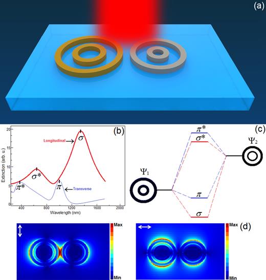 FIG. 3. (a) Schematic diagram of a silver-gold antisymmetric dimer with the modified geometrical dimensions, where gold system (Ψ1) sizes are (60, 80, 105, 135) nm while the silver unit (Ψ2) has the dimensions of (50, 65, 95, 125) nm. (b) The extinction cross-section spectrum variations for both of the incident polarized longitudinal and transverse plasmon modes. The LSPR shows a noticeable red-shift in σ∗ and π∗ modes due to the coupling of plasmon modes. The shift for the σ∗mode is larger than that of the π∗ mode. (c) The standard plasmon hybridization model for the extinction spectra. (d) The E-field maps for the plasmon resonance excitation in the homodimer system under longitudinal and transverse polarized beams.