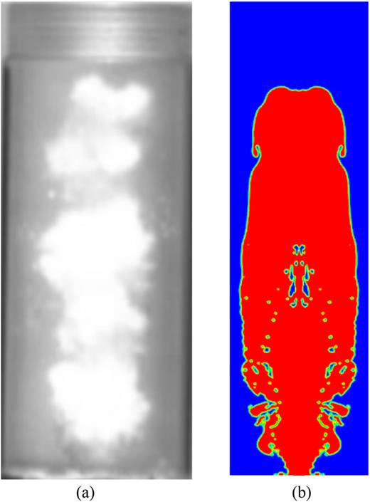 FIG. 4. t=2.0ms, the shape of the Taylor cavity (a) Experiment (b) Simulation.