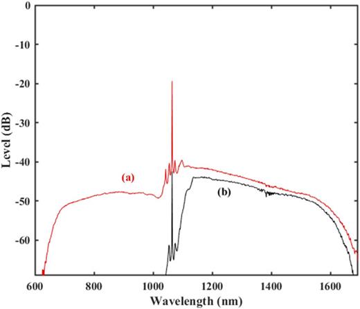 FIG. 2. Broadband spectrum of the Stokes beam (a) at the output of the PCF and (b) after the excitation objective (Olympus UplanSAPo x60).