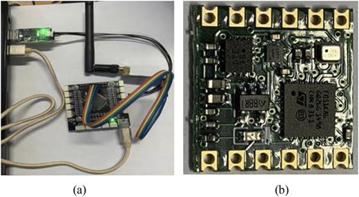 FIG. 5. UWB LPS Positioning system and IMU Inertial Navigation Module. (a) UWB LPS; (b) IMU JY901B.