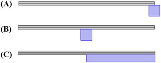 FIG. 7. Three kinds of piezoelectric bimorph cantilever with tip mass. (A) Structure A, (B) Structure B, (C) Structure C.