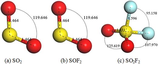 FIG. 1. Structure of (a) SO2, (b) SOF2 and (c) SO2F2 molecule.