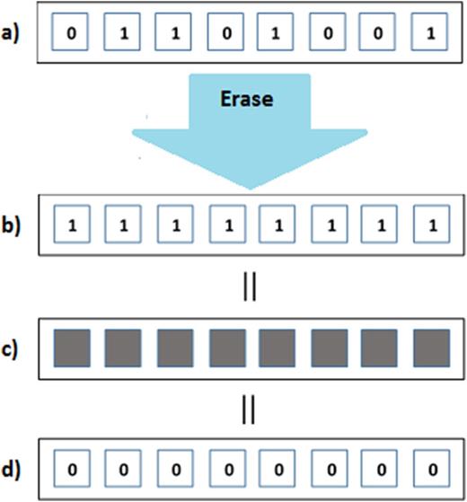 FIG. 1. a) Byte in a random recorded memory micro-state; b) Byte after erase operation resetting all bits to 1 state; c) Byte after true erase operation with all bits in neither 0, nor 1 state; d) Byte after erase operation resetting all bits to 0 state.