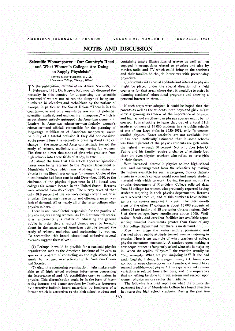 First page of Scientific Womanpower—Our Country's Need and What Women's Colleges Are Doing to Supply Physicists