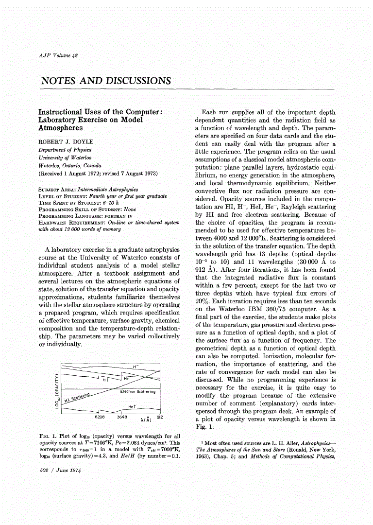 First page of Instructional Uses of the Computer: Laboratory Exercise on Model Atmospheres