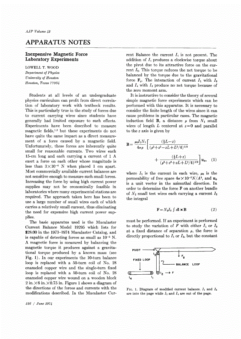 First page of Inexpensive Magnetic Force Laboratory Experiments