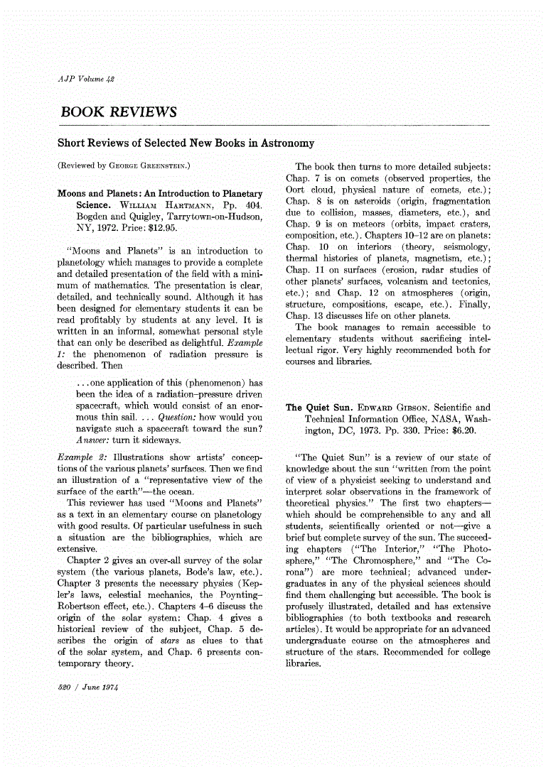 First page of Short Reviews of Selected New Books in Astronomy