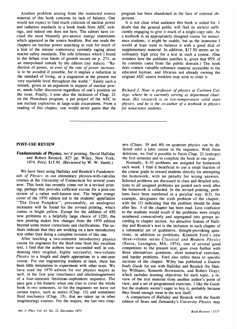 First page of <italic>Fundamentals</italic> <italic>of</italic> <italic>Physics</italic> by David Halliday and Robert Resnick. Reviewed by