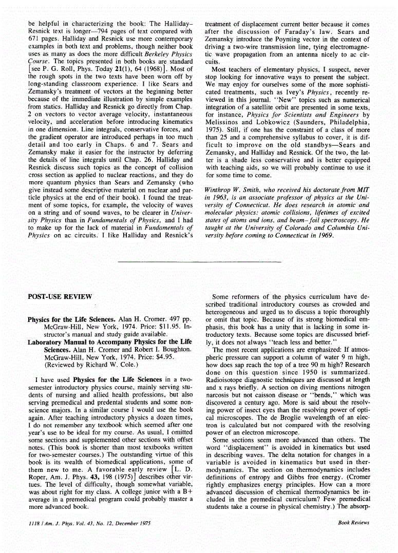 First page of <italic>Physics</italic> <italic>for</italic> <italic>the</italic> <italic>Life</italic> <italic>Sciences</italic> by Alan H. Cromer. Reviewed by