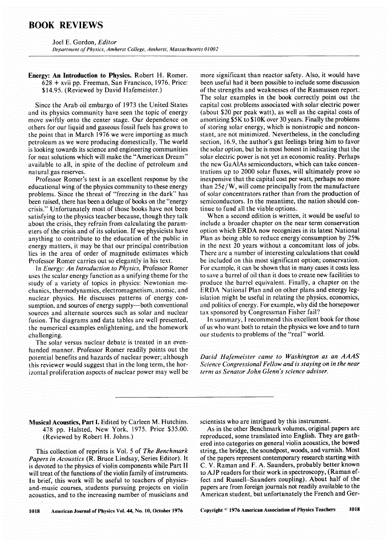 First page of <italic>Energy</italic>: <italic>An</italic> <italic>Introduction</italic> <italic>to</italic> <italic>Physics</italic> by Robert H. Romer. Reviewer