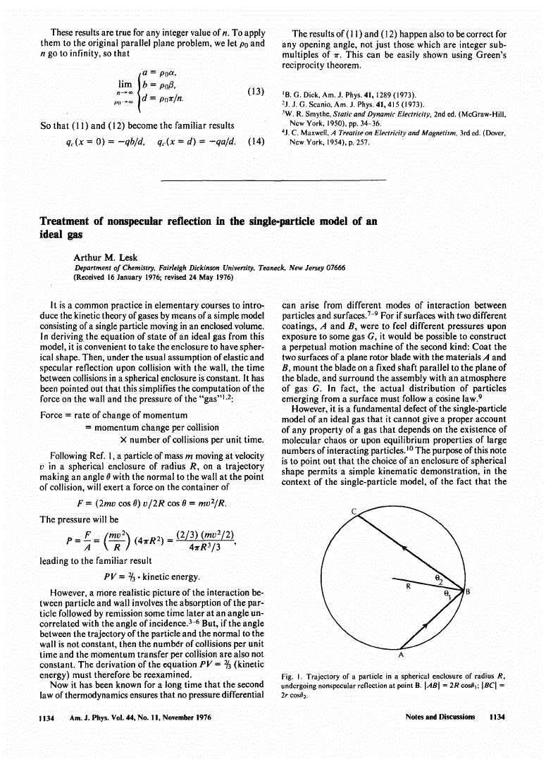 First page of Treatment of nonspecular reflection in the single‐particle model of an ideal gas