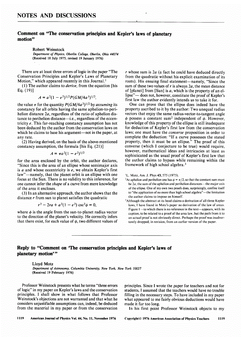 First page of Comment on ’’The conservation principles and Kepler’s laws of planetary motion’’