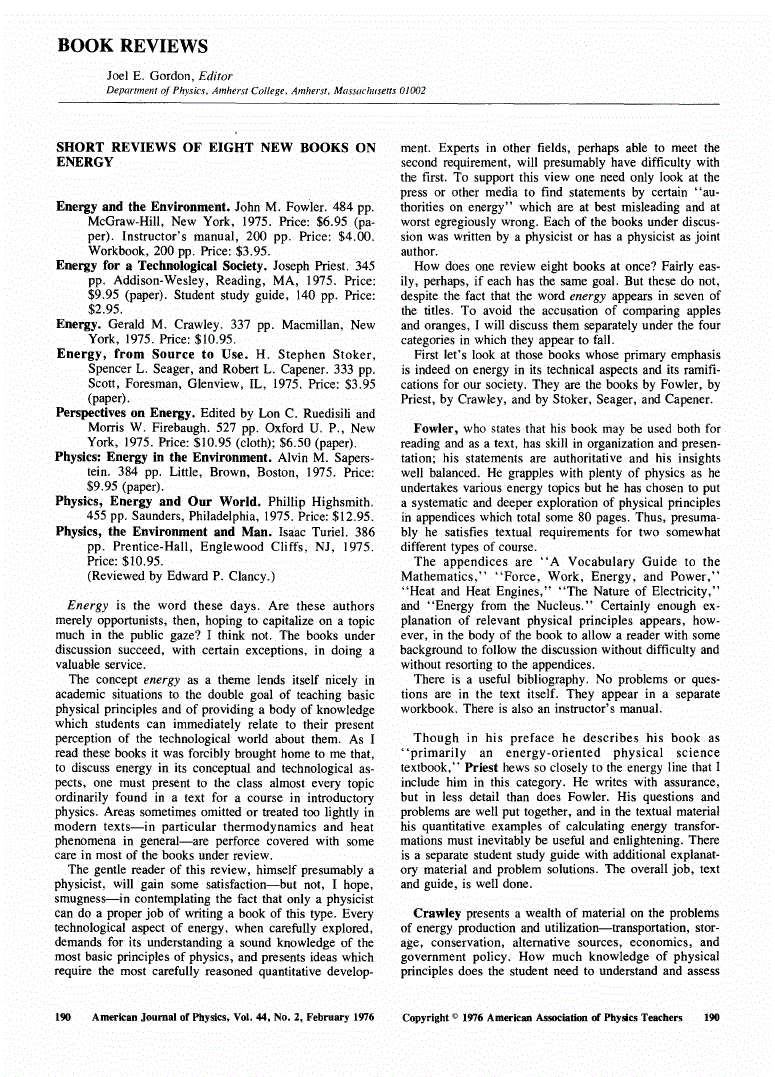 First page of <italic>Physics</italic>: <italic>Energy</italic> <italic>in</italic> <italic>the</italic> <italic>Environment</italic> by Alvin M. Saperstein. Reviewer
