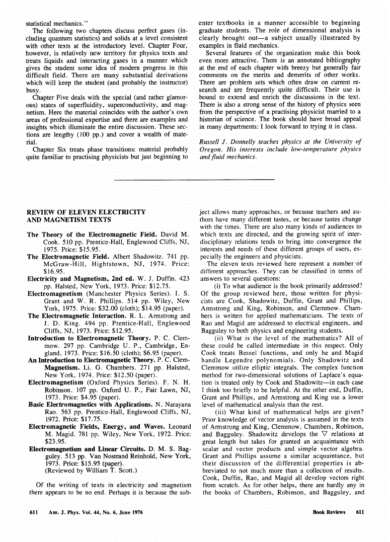 First page of <italic>Electromagnetism</italic> (Manchester Physics Series) by I. S. Grant and W. R. Phillips. Reviewer