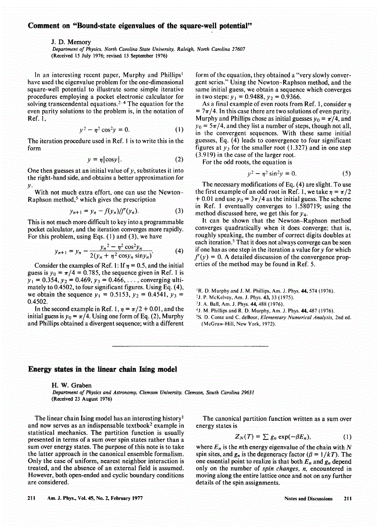 First page of Comment on ’’Bound‐state eigenvalues of the square‐well potential’’