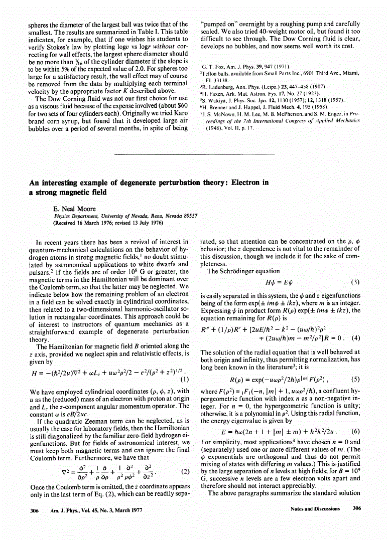 First page of An interesting example of degenerate perturbation theory: Electron in a strong magnetic field