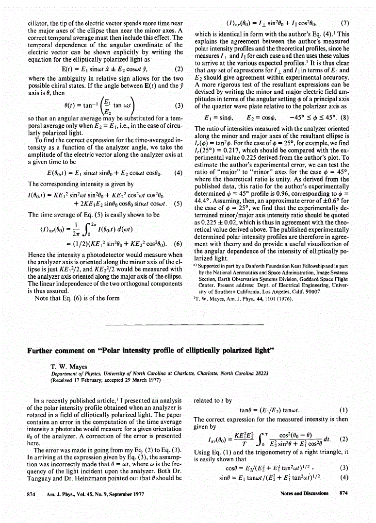 First page of Further comment on ’’Polar intensity profile of elliptically polarized light’’