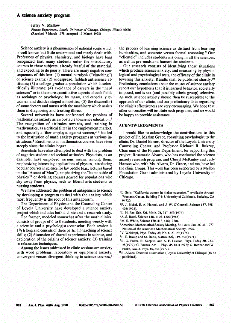 First page of A science anxiety program