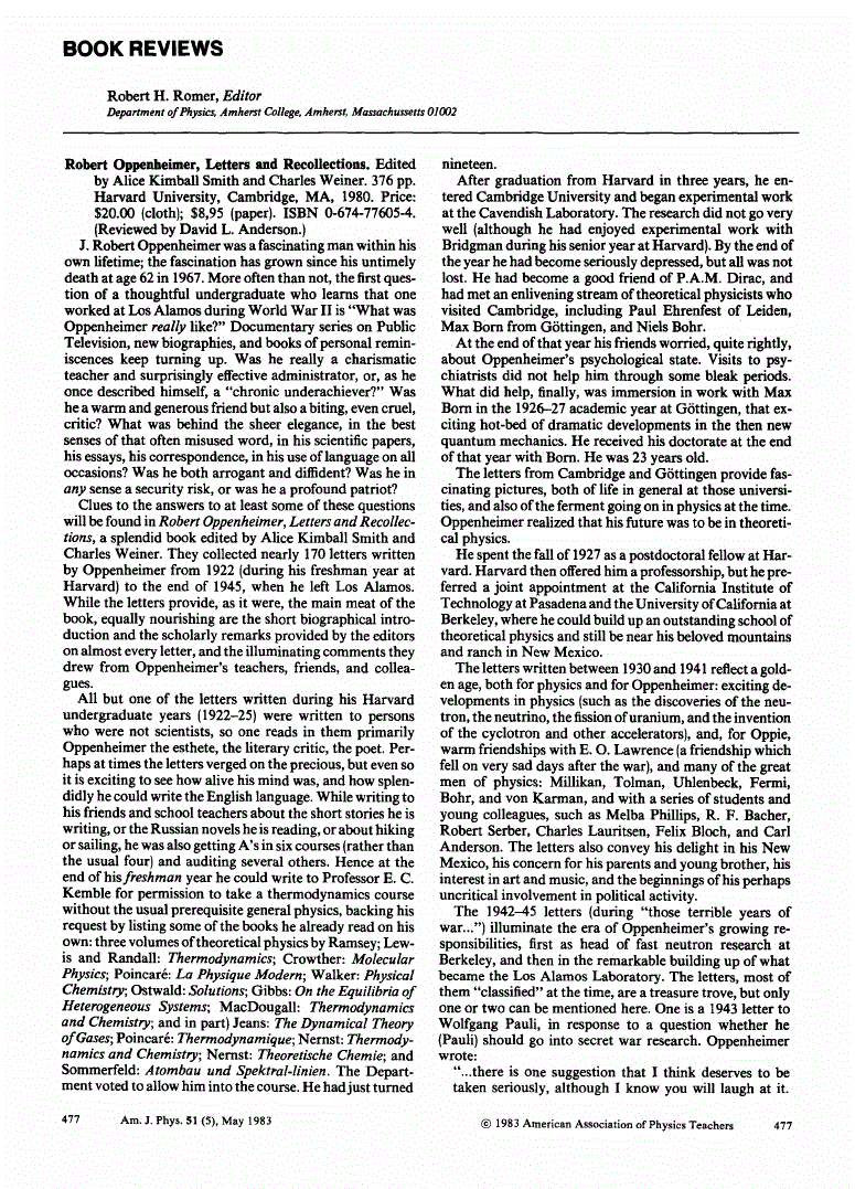 Robert Oppenheimer, Letters and Recollections American Journal of