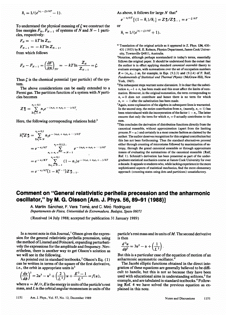 First page of Comment on ‘‘General relativistic perihelia precession and the anharmonic oscillator,’’ by M. G. Olsson [Am. J. Phys. <bold>5</bold><bold>6</bold>, 89–91 (1988)]