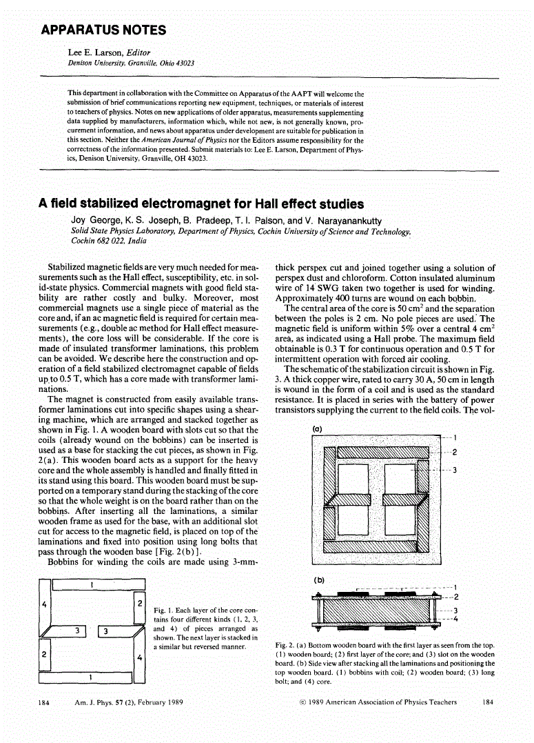 First page of A field stabilized electromagnet for Hall effect studies