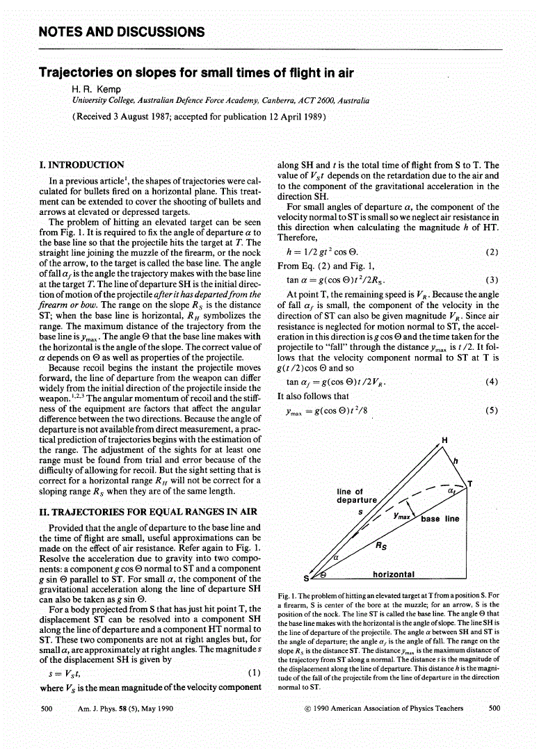 First page of Trajectories on slopes for small times of flight in air