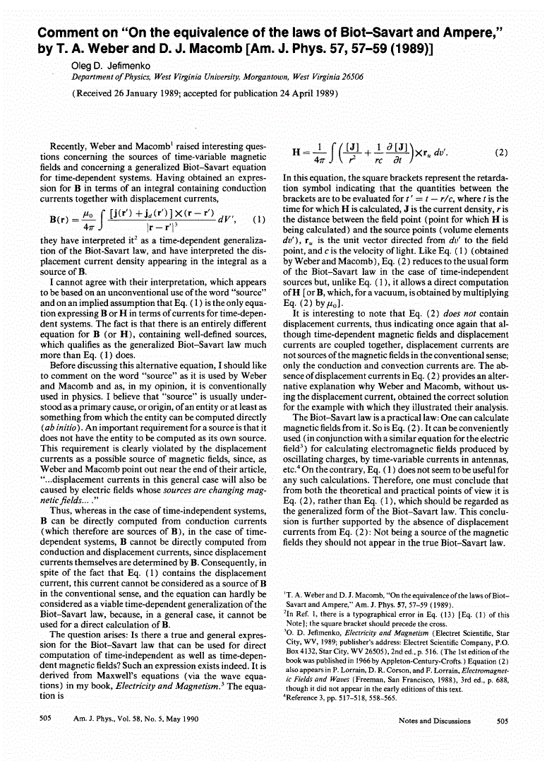 First page of Comment on ‘‘On the equivalence of the laws of Biot–Savart and Ampere,’’ by T. A. Weber and D. J. Macomb [Am. J. Phys. <bold>5</bold><bold>7</bold>, 57–59 (1989)]