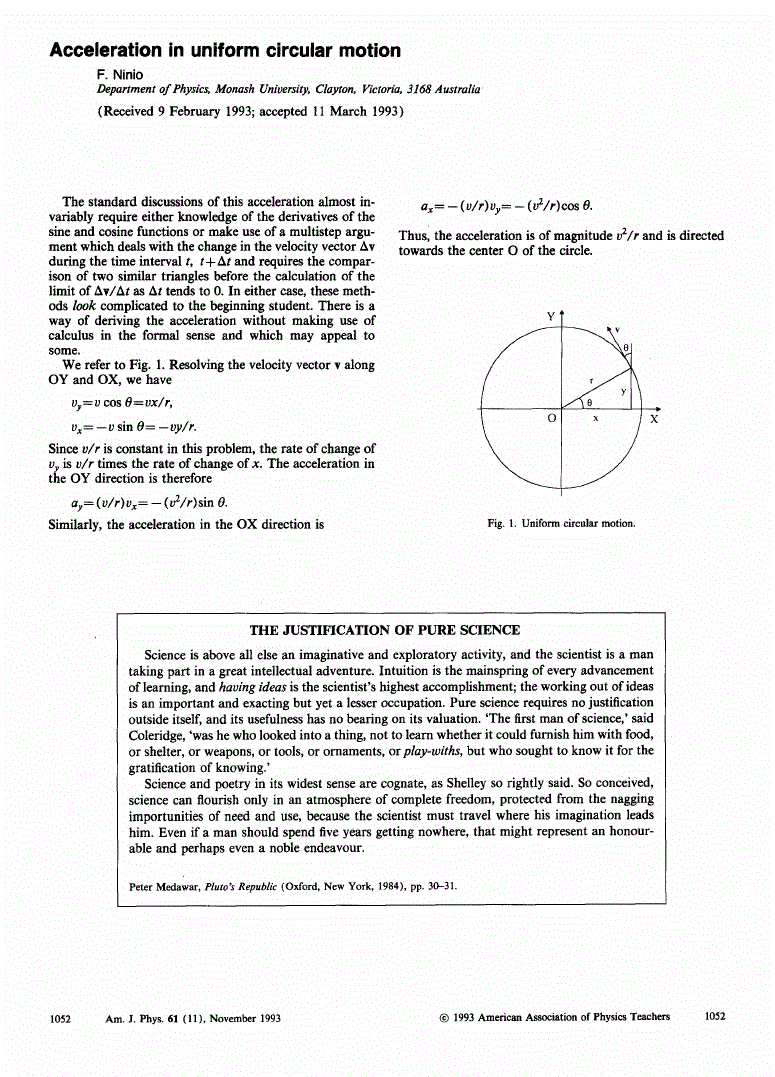 First page of Acceleration in uniform circular motion