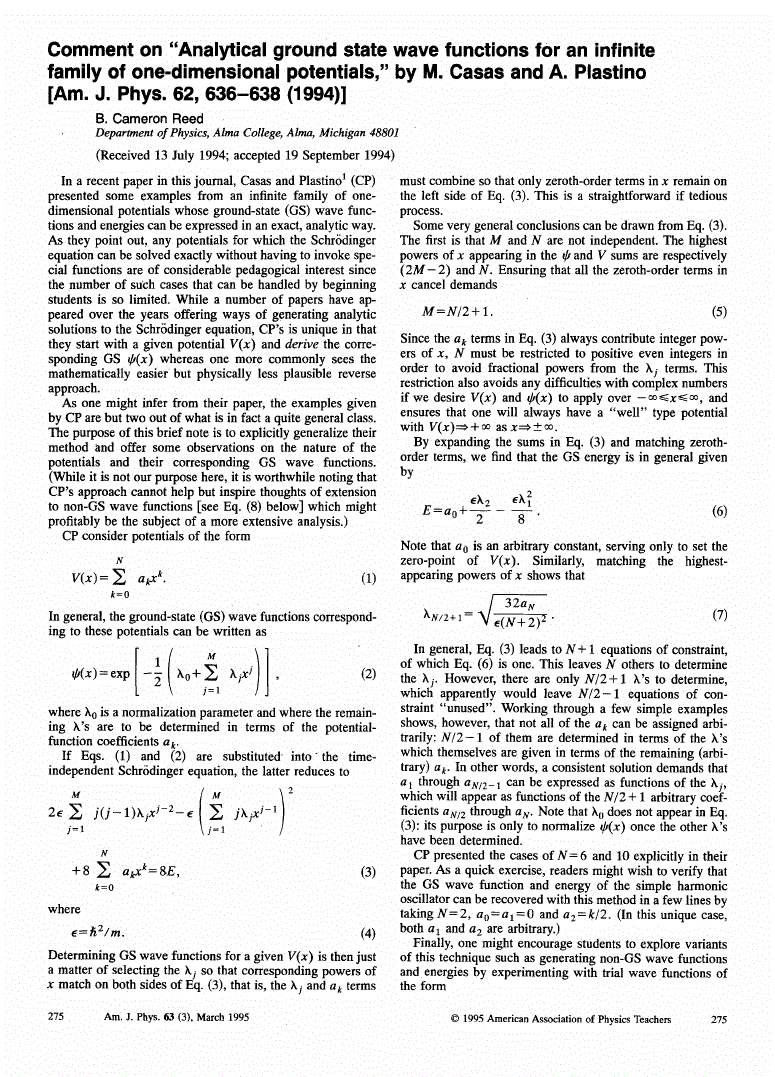 First page of Comment on ‘‘Analytical ground state wave functions for an infinite family of one‐dimensional potentials,’’ by M. Casas and A. Plastino [Am. J. Phys. <bold>62</bold>, 636–638 (1994)]