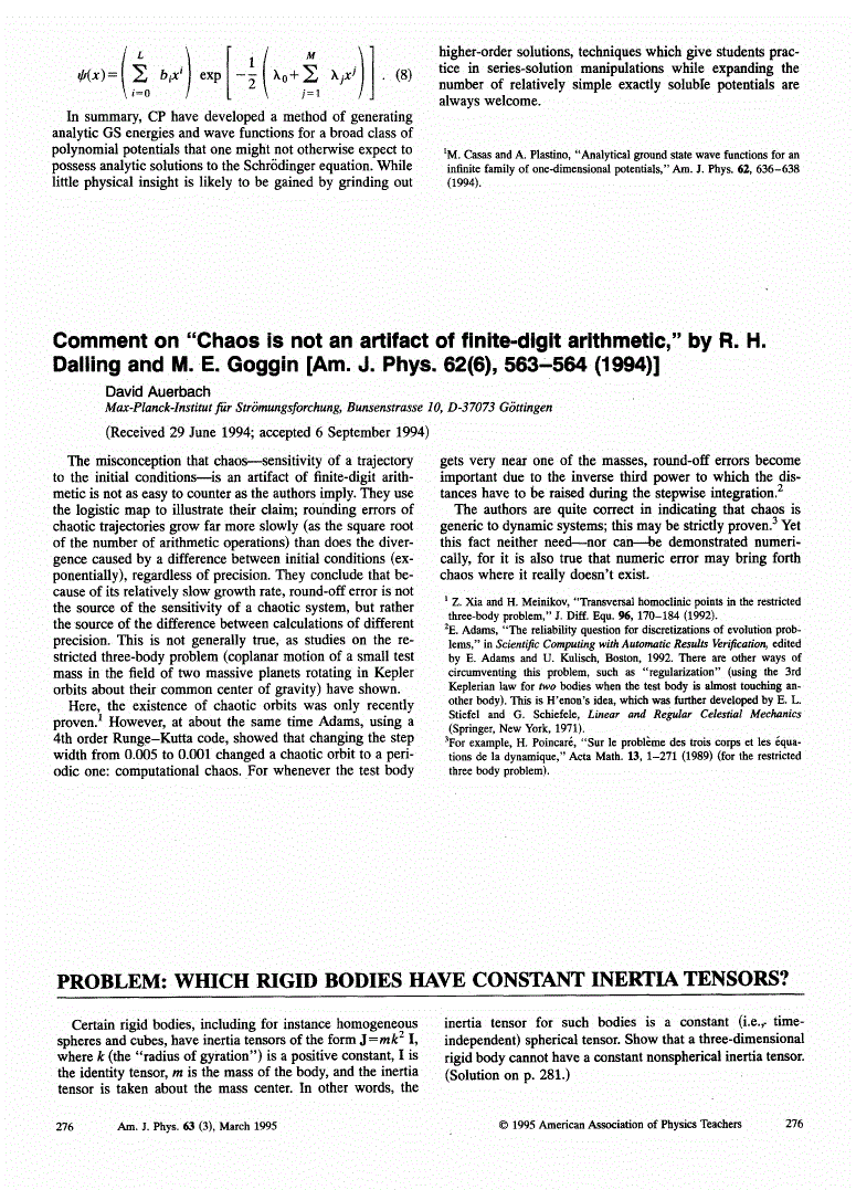 First page of Comment on ‘‘Chaos is not an artifact of finite‐digit arithmetic,’’ by R. H. Dalling and M. E. Goggin [Am. J. Phys. <bold>62</bold>(6), 563–564 (1994)]