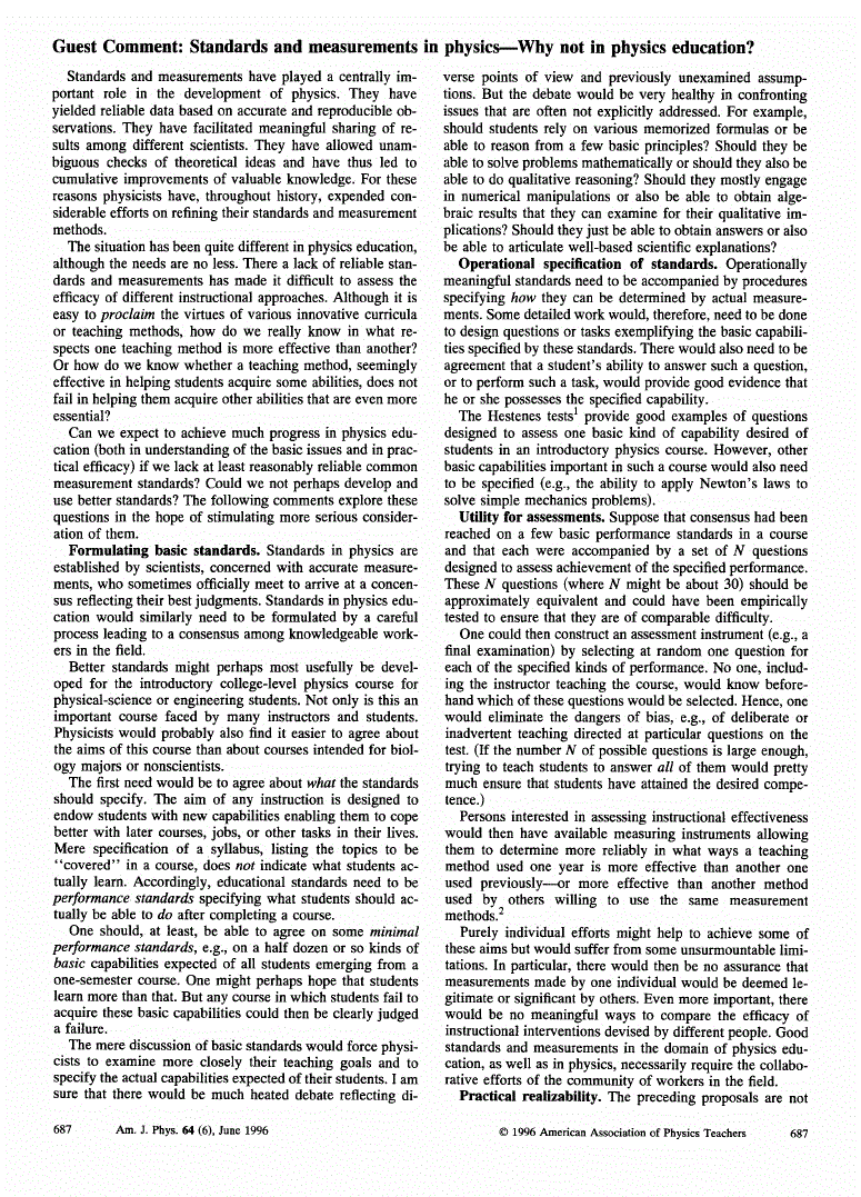 First page of Guest Comment: Standards and measurements in physics—Why not in physics education?