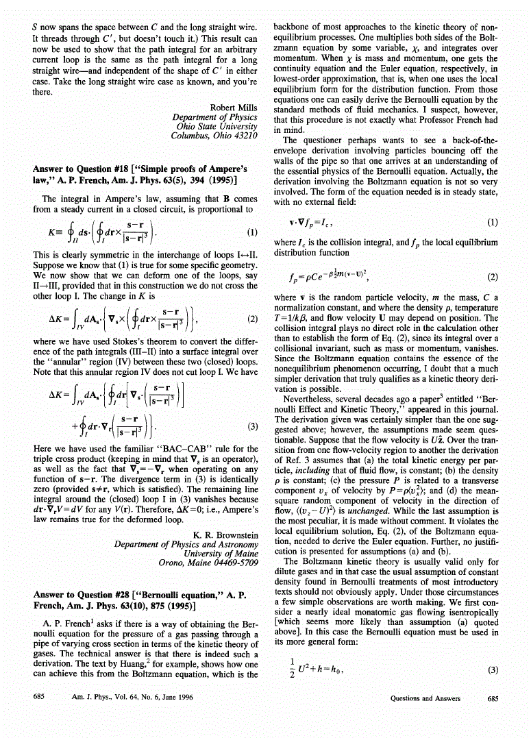 First page of Answer to Question ♯28 [‘‘Bernoulli equation,’’ A. P. French, Am. J. Phys. <bold>63</bold>(10), 875 (1995)]