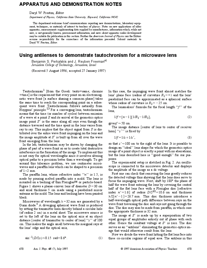 First page of Using antilenses to demonstrate tautochronism for a microwave lens