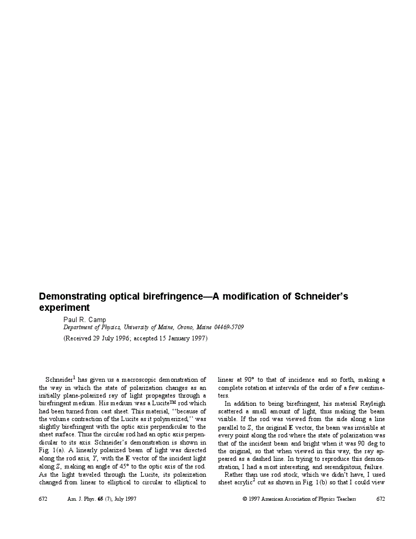 First page of Demonstrating optical birefringence—A modification of Schneider’s experiment