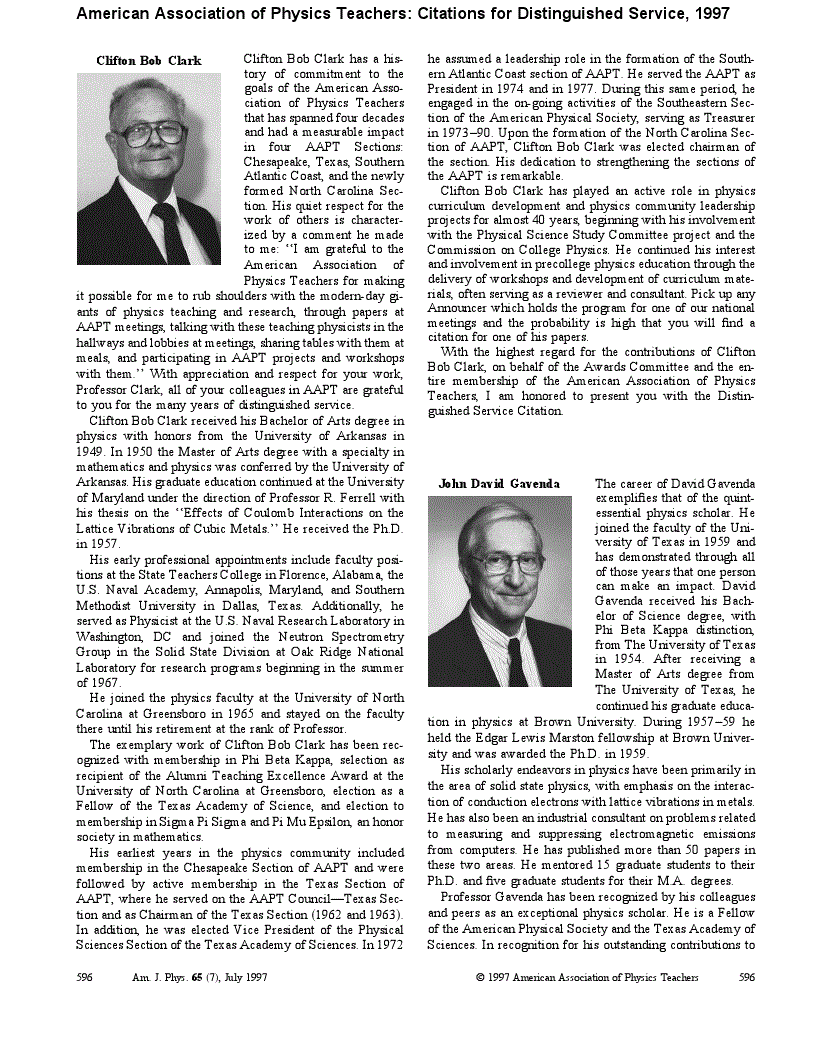 First page of American Association of Physics Teachers: Citations for Distinguished Service, 1997