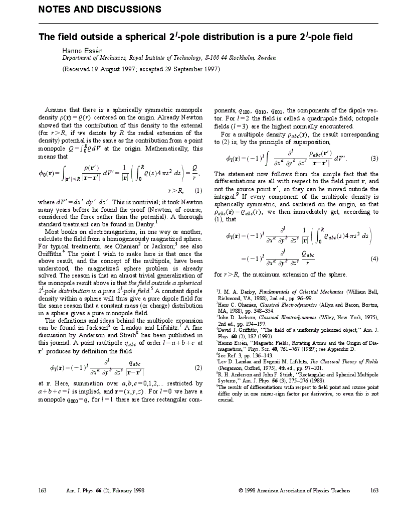 First page of The field outside a spherical <inline-formula><math overflow="scroll"><msup><mn>2</mn><mrow><mi>l</mi></mrow></msup></math></inline-formula>-pole distribution is a pure <inline-formula><math overflow="scroll"><msup><mn>2</mn><mrow><mi>l</mi></mrow></msup></math></inline-formula>-pole field