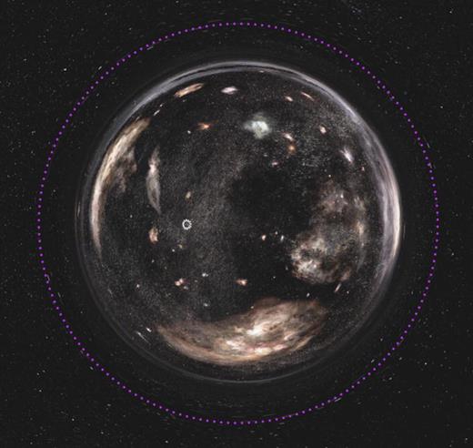 Fig. 11. An image of the distant galaxy seen through Interstellar's wormhole. The dotted pink circle is the wormhole's Einstein ring. [From a trailer for Interstellar. Created by our Double Negative team. TM &amp; Copyright Warner Bros. Entertainment Inc. (s15). This image may be used under the terms of the Creative Commons Attribution-NonCommercial-NoDerivs 3.0 (CC BY-NC-ND 3.0) license. Any further distribution of these images must maintain attribution to the author(s) and the title of the work, journal citation and DOI. You may not use the images for commercial purposes and if you remix, transform or build upon the images, you may not distribute the modified images.] 