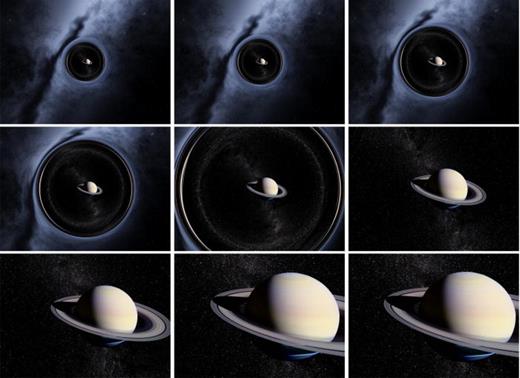Fig. 13. Still frames of a voyage through a short wormhole (a/ρ = 0.5) with weak lensing ( W / ρ = 0.05), as computed with our DNGR code. 