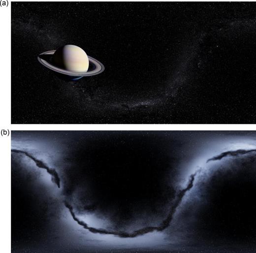 Fig. 6. (Top) The image of Saturn placed on the lower celestial sphere of Fig. 5 [from a composition of Cassini data by Mattias Malmer (Ref. 20)]. (Bottom) The star-field image placed on the upper celestial sphere (created by our Double Negative artistic team). These images are available in high resolution, for use by students, at <http://www.dneg.com/dneg_vfx/wormhole>. 