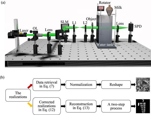water diffraction experiment (a) Schematic experimental setup for the proposed dual-modality GD system through complex disordered media. OL: objective lens; SPD: single-pixel detector; L1 and L2: lenses. (b) A schematic of the proposed dual-modality GD system. With one set of collected realizations, the transmitted data can be retrieved in Eq. (7), and the corrected realizations for imaging can be obtained in Eq. (12). For data transmission, a normalization operation is further performed, and a series of the normalized data are reshaped into a 2D image. For optical imaging, a coarse image is reconstructed in Eq. (13), followed by a two-step process.