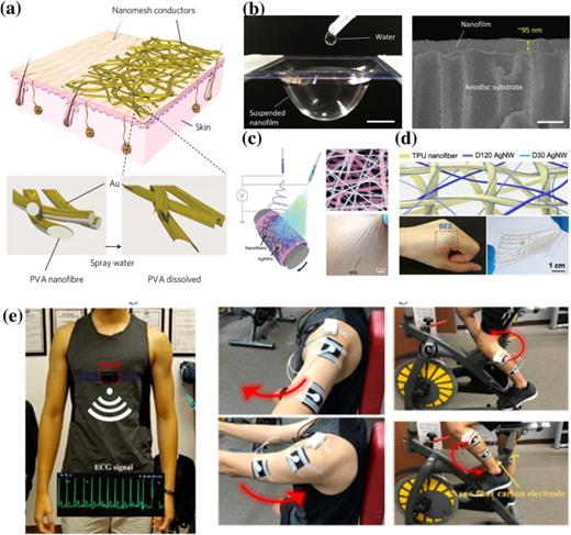 FIG. 3. (a) Schematic diagram of on-skin conductive nanomesh fabricated by Au evaporation onto electrospun PVA nanofibers, (b) photograph of a suspended PU-PDMS nanofilm holding a liquid (scale bar, 10 mm) and cross-sectional SEM image of the nanofilm coated with 70-nm-thick Au to achieve conductivity (scale bar, 200 nm), (c) fabrication process and SEM image of NEE with a picture of the NEE attached on the forearm to illustrate the conformal contact, (d) photograph adhering on finger and twisted circuit on PDMS and the microsopic image of the SEE, and (e) schematic diagram of the application of the nanofiber-carbon electrode in measuring the ECG and EMG signals. Reproduced with permission from Wang et al., NPG Asia Mater. 13, 22 (2021). Copyright 2021 Authors, licensed under a Creative Commons Attribution (CC BY) license. Reproduced with permission from Wang et al., Proc. Natl. Acad. Sci. U. S. A. 118, e2111904118 (2021). Copyright 2021 Authors, licensed under a Creative Commons Attribution (CC BY) license. Reproduced with permission from Liu et al., Small 15, 1900755 (2019). Copyright 2019 Wiley-VCH GmbH. Reproduced with permission from Fan et al., Nanoscale 12, 16053 (2020). Copyright 2020 Royal Society of Chemistry. Reproduced with permission from C.-Y. Huang and C.-W. Chiu, ACS Appl. Electron. Mater. 3, 676 (2021). Copyright 2021 American Chemical Society.18,70,74,76,98
