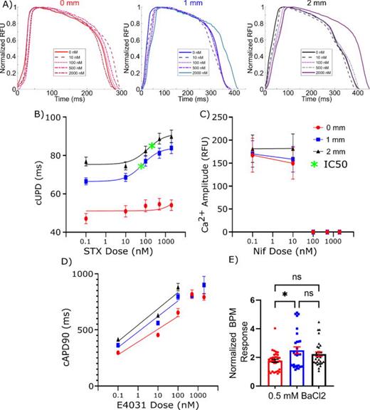 Pharmacologic inhibition of ion channels. (a) Representative action potential waveforms for 0, 1, and 2 mm μHM after sequential saxitoxin doses. Response of μHM to pharmacologic inhibition of ion channels. Effect of (b) saxitoxin on action potential upstroke duration, (c) nifedipine on calcium transient amplitude, (d) E4031 on      cAPD  90, and (e) 0.5 mM BaCl2 on spontaneous beat rate. (n = 20–30 μHM, *: p < 0.05, **: p < 0.005, error bars: SEM).