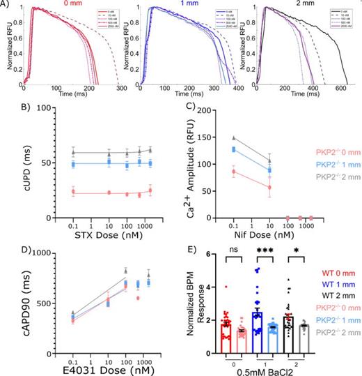 Pharmacologic inhibition of ion channels in PKP2−/− μHM. (a) Representative action potential waveforms for 0, 1, and 2 mm PKP2−/− μHM after sequential saxitoxin doses. Response of PKP2−/− μHM to pharmacologic inhibition of ion channels. Effect of (b) saxitoxin on action potential upstroke duration, (c) nifedipine on calcium transient amplitude, (d) E4031 on      cAPD  90, and (e) 0.5 mM BaCl2 on spontaneous beat rate. (n = 20–30 μHM, *: p < 0.05, **: p < 0.005, error bars: SEM).